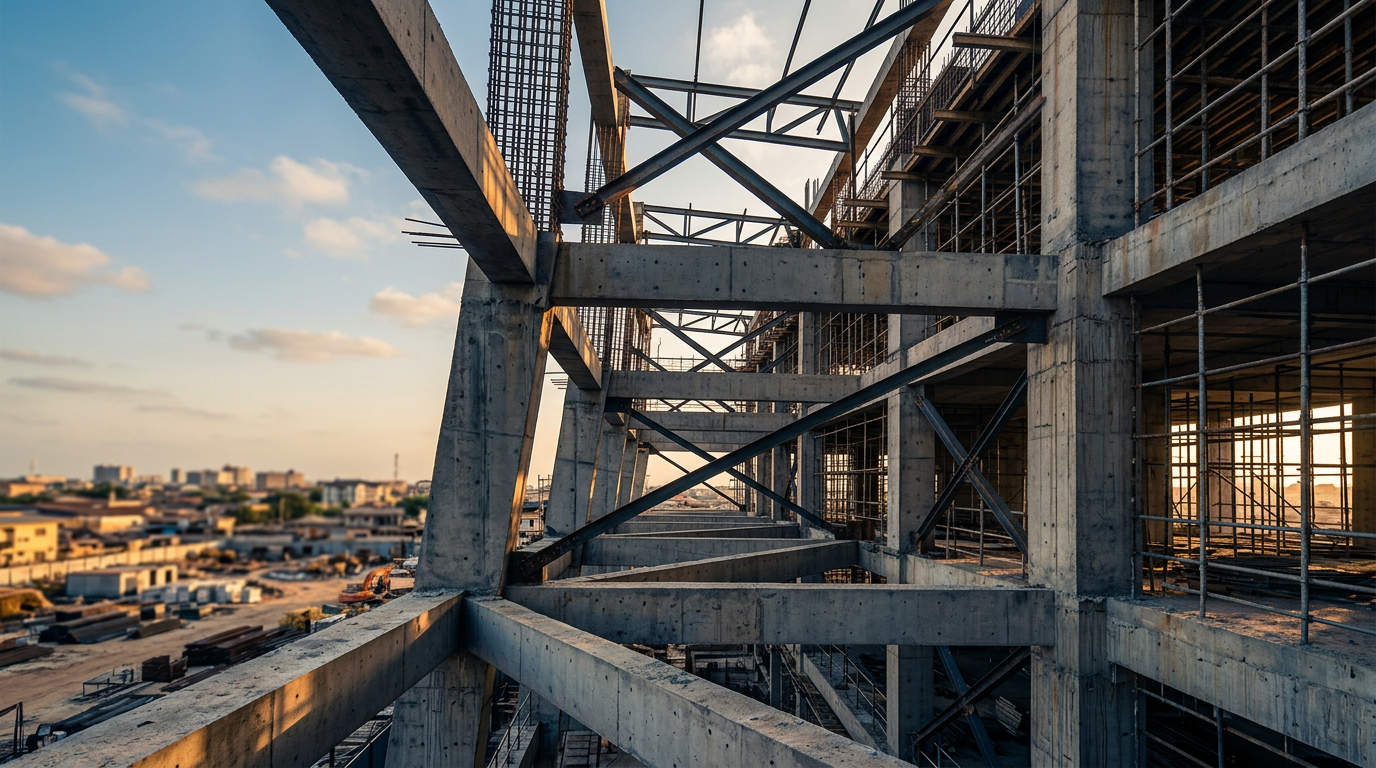 Concrete and steel structure under construction